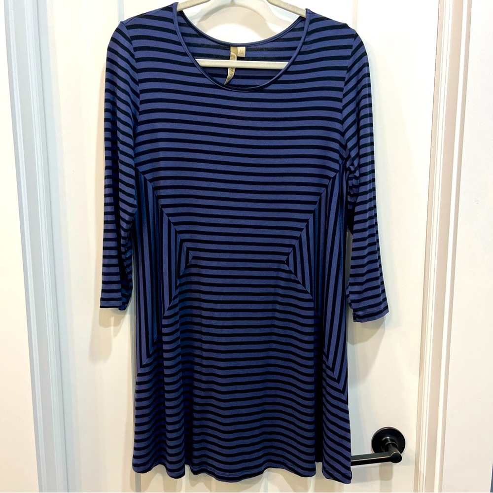 Comfy USA Shift Dress/ Tunic Blue Black Geometric Stripe Long Sleeve Size‎ Large